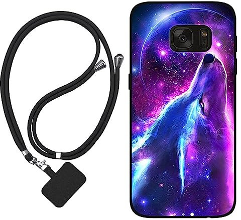Sunrive Hülle Kompatibel mit Samsung Galaxy S7 Case,matt Handyhülle Schutzhülle Etui TPU Backcover (Wolf,Mond,Sterne) +1x Universale Handykette
