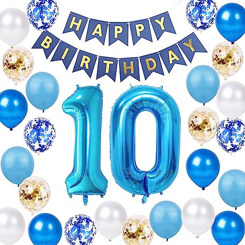 Fechy 10.Geburtstag Dekoration Junge, Blau Gold Happy Birthday Ballon Nummer 10. Ballon Blau 10. Geburtstag Latex Konfetti Ballon für 10 Jahre Jungen Geburtstagsdeko (10.)