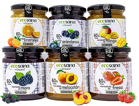 ECOSANA PACK 6 uds MERMELADA SIN AZUCAR SELECCIÓN GOURMET | Certificado BIO | Ingredientes 100% Naturales | Endulzada con zumo de uva | Sin gluten | 250G x 6ud | Fruta Ecológica | Con pectina | Vegano