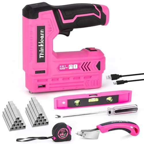 Pink Electric Staple Gun, 7PCS 2 in 1 Cordless Stapler Nail Gun Set with 3300pcs Staples Nails, 4V Brad Nailer Tacker for Upholstery, Wood, Carpentry, Crafts, DIY, Brad Nailer Kit with USB Charger