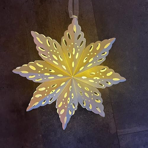 Tim Home Weihnachtsstern beleuchtet aus Papier 39 cm - warmweiß mit 20 LEDs und Timer, batteriebetrieben - LED Papierstern für Fensterdeko hängend - kabellos, stimmungsvolle Weihnachtsdeko in Weiß