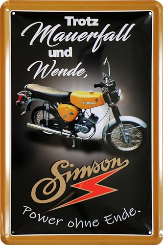 WOGEKA ART Retro Blechschild - Simson - Power ohne Ende - Ostalgie Schild als Geschenk-Idee für SIMSON S50 Fans, WERKSTATT-Deko, 20 x 30 cm, aus Metall im Vintage Design 1024