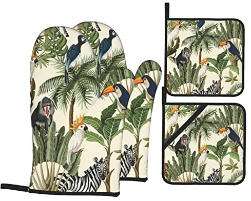 Ofenhandschuhe und Topflappen, Bäume und Tiere, wasserdicht, hitzebeständig, Küchenhandschuhe zum Kochen, Backen und Grillen, 4 Stück