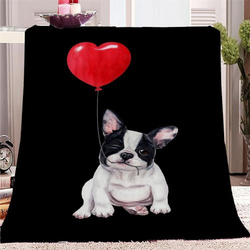 PLEETS Kuscheldecke Flauschige Decke 150 x 200cm Bulldogge und rotes Herz Super Weich Fleecedecke auch als Wohndecke, Tagesdecke, Sofadecke & Wohnzimmer geeignet, Überwurf Decke Sofa & Couch