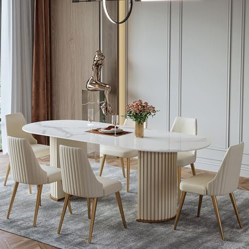 POVISON Oval Esstisch 240 cm weiß glänzender Sinterstein für 8-10 mit Tischbeinen für römische Säulen, einfache Installation,240 x 100 x 75 cm (ohne Stühle)