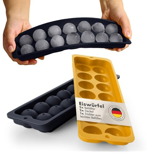 Blumtal Silikon Eiskugelform 2x14er + Trichter & Deckel - Eiswürfel Rund Ø 3cm - Runde Eiswürfelform 2x - BPA freie Silikonform Eiswürfel rund - Ice Ball Maker - Black Blue und Spicy Mustard