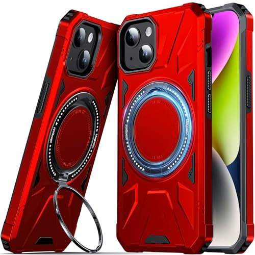 DASFOND Armor Hülle für iPhone 14/13 Case, Militär Stoßfest Handyhülle [Upgrade 2.0] Metal Ring Halter Ständer Full Bumper Cover Schutzhülle, Rot