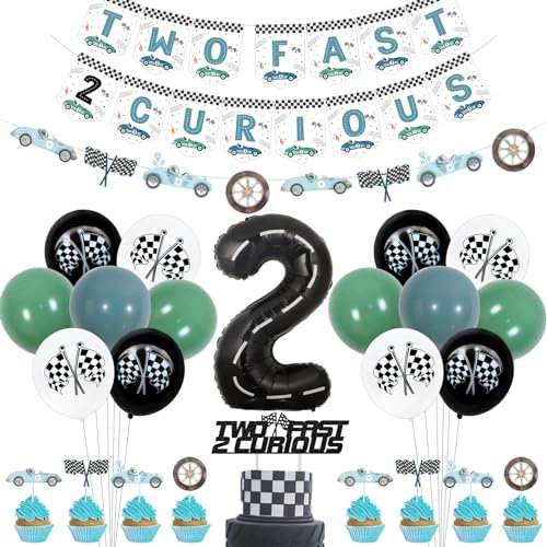 Jollyboom Two Fast Two Curious Birthday Decoration Race Car 2nd Birthday Party Decorations Blue & Green Balloon Cake Topper Number 2 Foil Balloon