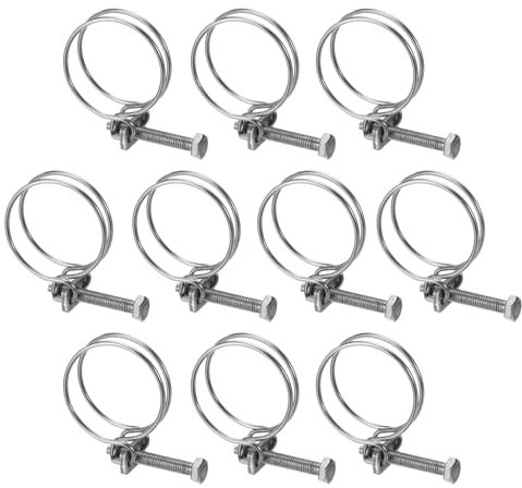 sourcing map 10Pcs Double Wire Hose Clamp, 32-36mm Adjustable Stainless Steel Wire Hose Clips with M6 Bolt for Dust Collection Hose, Pump Hose Pipe