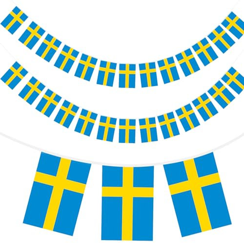 G2PLUS 11M Bandera de Suecia Guirnalda: Conjunto de 40 Banderas de Suecia 14 x 21 cm para Decoraciones de Bares de Jardín