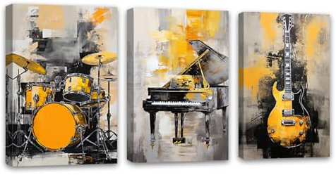 ZQQART Musik Leinwand Wandbild 3 Teilig Klavier Gitarre Trommel Bild Drucke Abstrakt Musikinstrumente Gemälde Kunstwerk Musikzimmer Rahmen(Musik -1,30x40cmx3 Pieces)