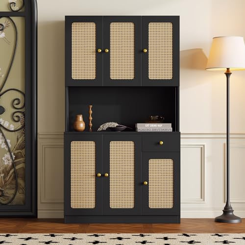 YESGIGA Rattan-Highboard mit 6 Rattantüren und Einer Schublade mit offenem Stauraum in der Mitte (Schwarz)