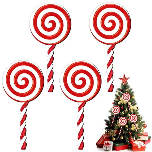 4Pcs Christmas Wood Candy Ornaments, Candy Paradise Candy Land Supplies Christmas Tree Decor Gifts, Red and White Xmas Decorations Candy Ornaments 12 Inches Suitable for New Year Festival Hanging