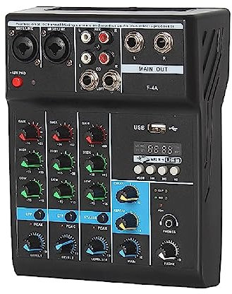Funien Console de mixage Professionnelle à 4 canaux mixeur USB avec Carte Son Console d'effets Réglage de l'ordinateur Carte Son Mixeur avec Connexion BT Gain de réverbération Réglage des tonalités