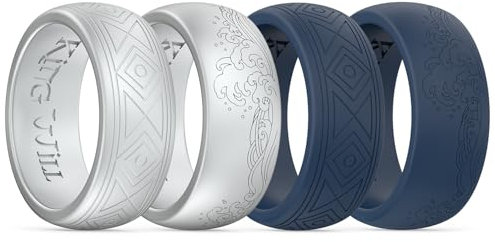 King Will Silikon-Herrenring Atmungsaktive Eheringe für Männer, 8 mm breites Gummi-Verlobungsband, Geometrie/Wellen-geätztes Design, Comfort-Fit-Ring 4 Pack-Silber/Dunkelblau/Grau, Größe 62.2 (19.8)