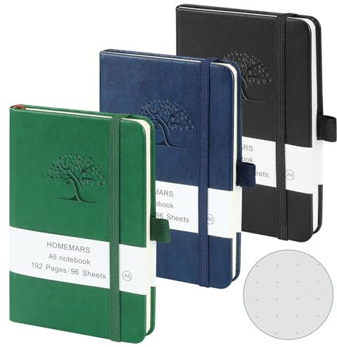 HOMEMARS Notizbuch a6, 3 Stück Notizbücher Set, Bullet Dotted Journal, 14.4cm x 9.6cm Notizblock, Schwarz, Grün, Blau, Dotted, 192 Seiten, Notizheft, Notizblock, Notizbuch Leder, Prägebaum Design