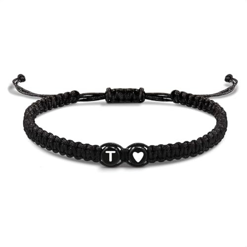 EVEMATE Armband mit Buchstabe und Herz für Freunde und Paare - Initiale A-Z Name - Geflochtenes Freundschaftsarmband für Frauen, Männer und Kinder (T)