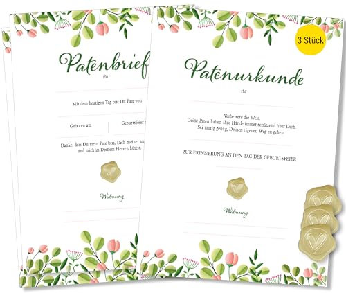 Frank Paperman® 3x Set Patenurkunde + Patenbrief für Taufpaten mit Siegeln, Floral Modern, Urkunden zur Taufe Geschenk für Patentante, Patenonkel freie Taufe Taufbrief Patenkind