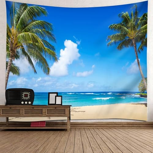 Wandteppich Strand XXL 240x220, 240x220cm Palme, Meer, Strand Landschaft Wandteppiche Wandtuch für Wohnzimmer Schlafzimmer Dekoration | Blau Grün