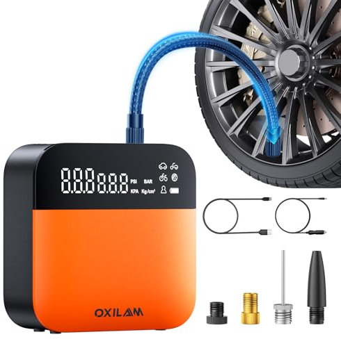 OXILAM Tire Inflator Portable Air Compressor, 150PSI Cordless Air Pump for Car Tires, Battery & 12V DC Dual Power Tire Pump with Digital Pressure Gauge, LED Light, for Car, Motorcycle, Ball