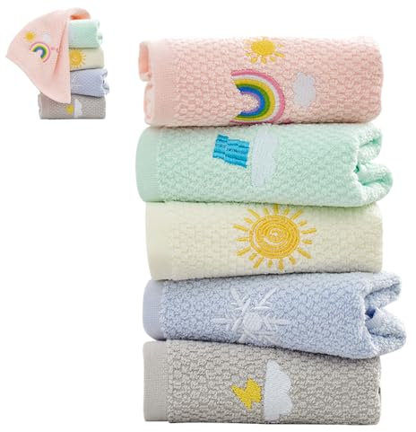 Yudobliss 5 Stück Cartoon Handtuch, 25 x 50cm Waschlappen Gesichtstücher, Handtücher Set, Wetter Muster Handtuch, Stickerei Handtücher(5 Farben)