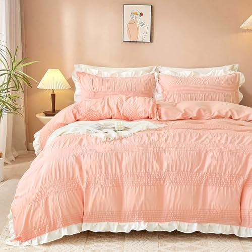 Guchuang Bedding Duvet Cover Set Double Size Pink Ruffled Seersucker | 3PCS Soft Microfiber Wrinkle-Resistant Bedding Set with Hidden Zipper 200x200cm