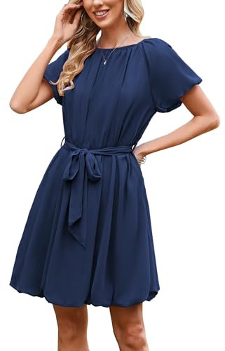 Theenkoln Damen Sommer Minikleid Kurzarm Sommerkleid Puff Ärmel Partykleid Rundhals Strandkleid Lässig A-Linien Kleid mit Taschen und Gürtel Marineblau XL