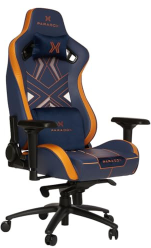 PARADOX - Gaming Stuhl - Schreibtischstuhl Ergonomisch - Verstellbare Armlehnen und Rückenlehne, Liegefunktion, Kissen, mit Kunstleder, bis 135 kg - Commander Ocean Blue, Blau, Orange, Geometrisch
