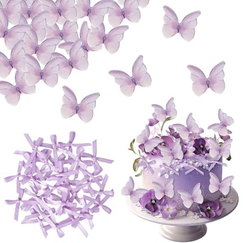 48 Pcs Pre-Cut Beautiful Gradient Purple Butterflies Edible Wafer Paper, 3D Edible Butterfly Cupcake Toppers, with 30 DIY Ribbon Bows Craft Supplies for Gift Wrapping, Card Decoration (Purple Series)