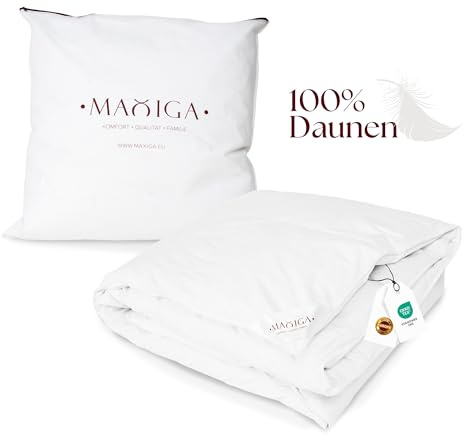 maxiga Reine Daunendecke Sommer - 100% DAUNEN, 155x220 cm, 1200g Füllgewicht, atmungsaktiv & waschbar, Oeko-TEX Zertifiziert, Allergiker geeignet, hochwertige 100% Baumwollhülle