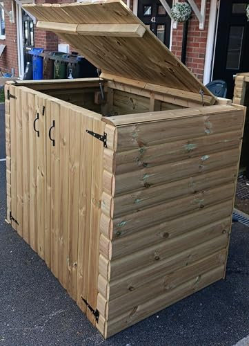 Wooden Double Wheelie Bin Storage Unit, Self-Opening Lids, 15-Year Anti-Rot Treatment