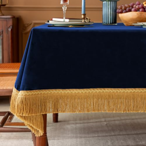 F-CHU Luxuriöse Blaue Tischdecke aus dickem Samt mit schönen goldfarbenen Quasten, Vintage-Tischdecke für Heimdekoration, Hochzeit, Party, Bankett und Veranstaltungen, 152,4 x 177,8 cm