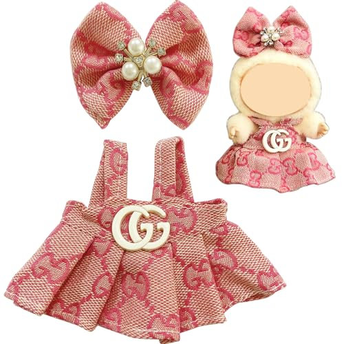 Joycabin Stylische Puppenkleidung für 17cm Plüschpuppe, Kleid + Rosa Schleife Miniatur Kleidung Zubehör Set, Puppendekorationszubehör, Puppenzubehör Geschenke (Puppe Nicht Enthalten)
