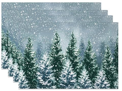 MIRRORANG Tischsets mit Tannenbaum und Schneeflockenmotiv, 4er Set, 45x30cm, für Winter, Weihnachten und Neujahr Robuste, wasserdichte Tischsets für Partys und Esszimmer