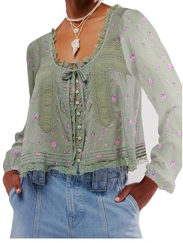 Yoisdtxc Women Boho Tops Lace Tie Up Front Sheer Blouses Spring Fall Casual Tops