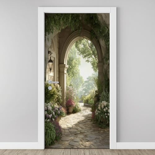 Sticker Porte 3D Trompe l'oeil Mural Arbres Fleurs Arche, Autocollant Poster de Porte Auto-Adhésif Allée de Jardin PVC Affiche Papier Peint Art Décor 73x205 cm pour Chambre Salon Cuisine Salle