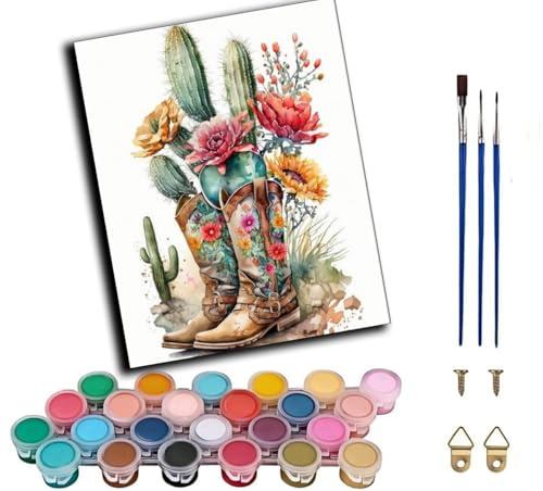 WANGWANGMIAO Malen nach Zahlen für Erwachsene-Kaktus Cowboystiefel Blume 16x20 Zoll Leinen Leinwand Acryl DIY Number Painting Kits Wandkunst Dekor Geschenke,ohne Rahmen
