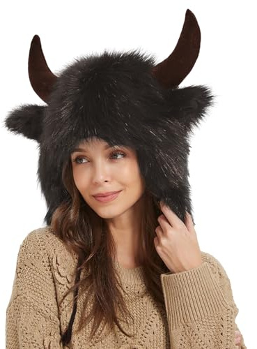 caiduos Bison Hut mit Hörnern, Büffelhut mit Hörnern, Warme Winter Plüsch Beanie Mütze, Warme Plüsch Winter Ohrenschützer mit Hörnerns, für Tier Cosplay Festival Thema Outdoor Abenteuer