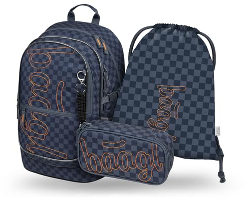 Baagl Schulrucksack Set Jungen 3 Teilig Schultasche Grundschule - Ska Blau | Ergonomische Volksschule Ranzen mit Brustgurt und 25 l ergänzt ein praktisches Etui und leichten Turnbeutel.