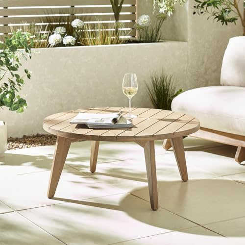 Furniturebox UK Outdoor Furniture - Iko Solid Wood Round Garden Coffee Table – Wooden Slatted Top & Chunky Legs, Stylish Scandi Boho Design for Patios, Decks & Conservatories