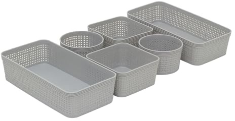 Carousel Home Set of 6 Grey Plastic Storage Baskets, Woven Style Organiser Bins Round Square and Rectangular for Bathroom Kitchen Office or Desk Storage