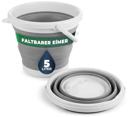 Novaliv Falteimer 5L mit Ausguss und Kipphilfe – Faltbarer Putzeimer, platzsparend klappbar für Haushalt, Bad, Camping – Klappeimer Faltbarer Eimer 5 Liter Grau Weiß