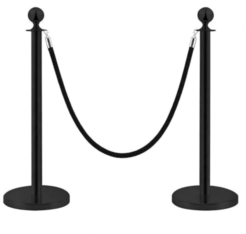 Abstandshalter aus Edelstahl, Schwarz, 2 Stück, 90 cm hoch, mit schwarzem Seil von 1,5 m, 4-Wege-Verbindung, Basis 31 cm Durchmesser, Kontrolle der Menge