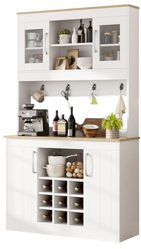 kowdom Küchenbuffet Natur+Weiß 106x39x175 cm mit Aufsatz, Buffetschrank mit Glastüren, Weinregal und Hakenleiste, Vorratsschrank für Küche, Esszimmer, Wohnzimmer