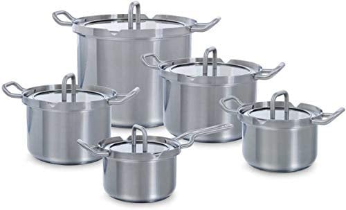 BK Q-Linair Master Glass Edelstahl 5-teilig Induktionsgeeignet Kochgeschirr Set mit Glas-Siebdeckeln, PFAS-Frei, Kühl Bleiben Griff, Backofen- und Broiler sicher bis 220°C, Spülmaschinenfest, Silber