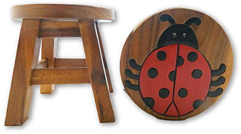 Thai Gifts Children's Wooden Stool, Ladybird Design - Handmade Acacia Wood - Small Chair, Footstool or Side Table - Nursery & Bedroom Decor - Fun Step Stool for Kids - Ideal Christmas & Birthday Gift