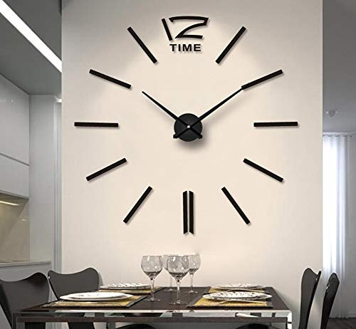 FAS1 Moderne DIY Große Wanduhr Big Armbanduhr Aufkleber 3D Aufkleber Spiegel Effekt Acryl Wanduhr Home Office Abnehmbarer Dekoration (Akku Nicht Enthalten) Schwarz