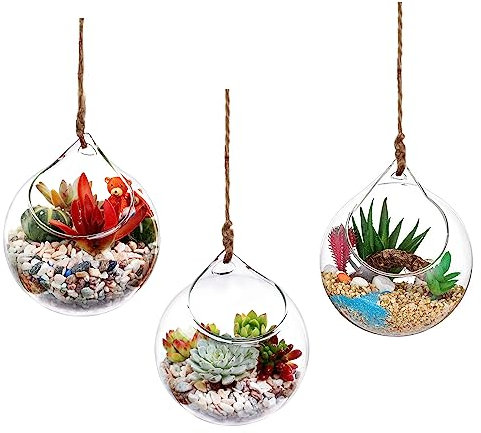 Ivolador Set of 2 Pcs 4.7 Inches Hanging Planter Glass Terrarium Container Air Plant Holder Succulents Globe Shape Home Garden Decor