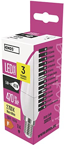 EMOS LED Lampe Candle, 5 W Ersatz für 40 W Glühbirne, E14 Sockel, Helligkeit 470 Lumen, Warmweiß 2700 Kelvin, 30000 Stunden Lebensdauer, CRI min. 80, 270° Abstrahlwinkel