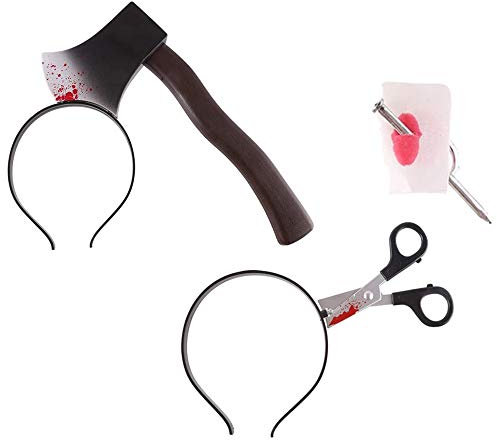 VEYLIN 3 Pack Halloween Scary Props Joke Toys Bloody Scissors Axe in Head Nail Trough Finger